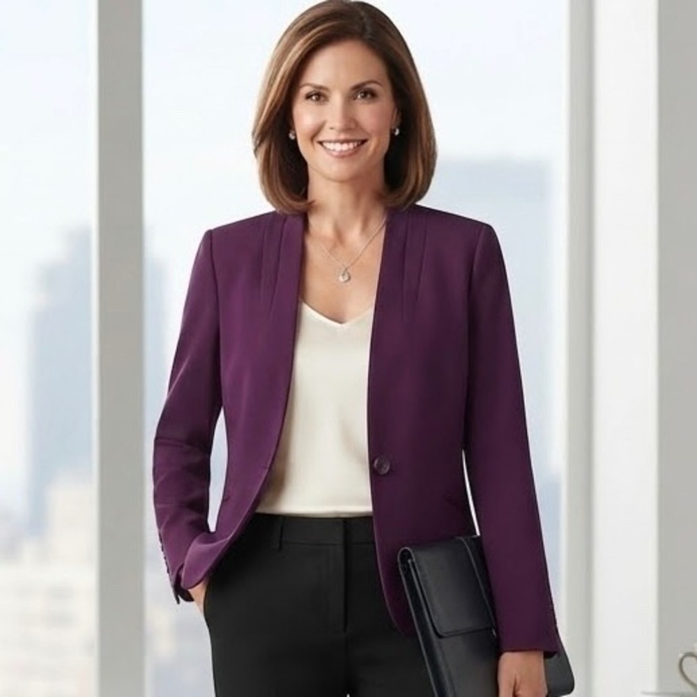 Elie Tahari Womens Plum Purple Single Button Collarless Blazer Jacket Size 10
